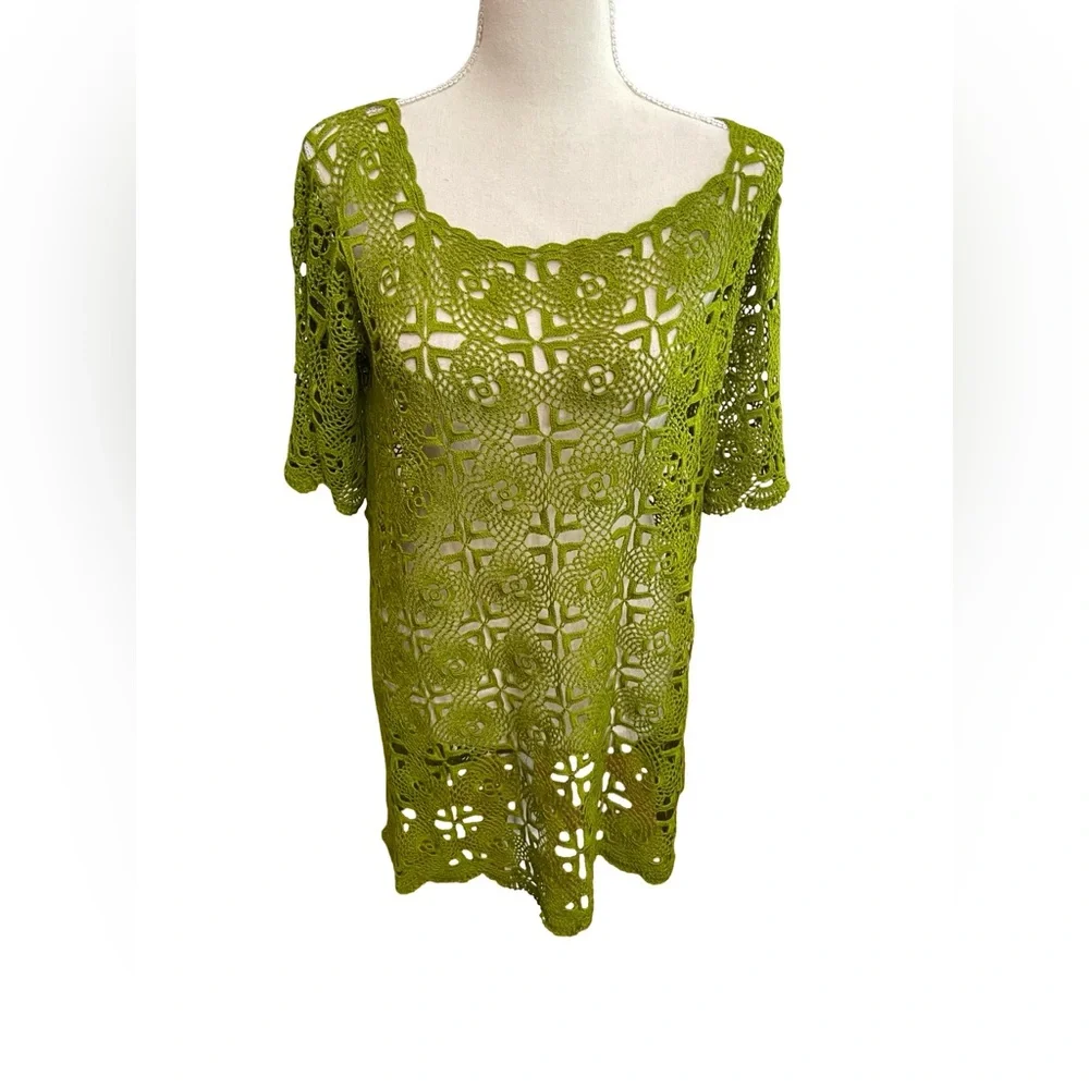 Unbranded green floral crochet tunic long top lace MEDIUM sheer short sleeve - Picture 6 of 13